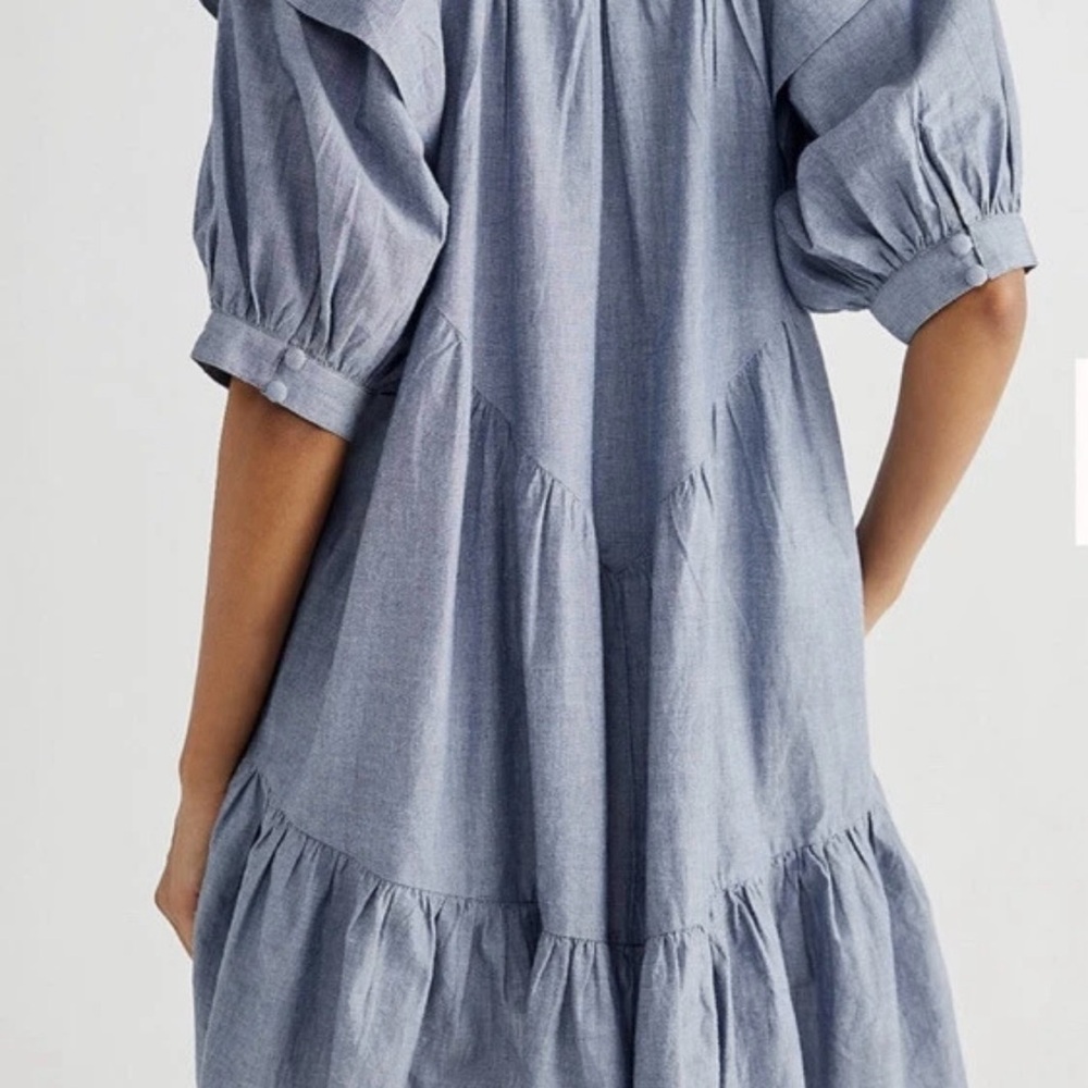 Free People Amelie Denim Chambray Mini Baby Doll Ruffle Dress Boho XS - Picture 4 of 11